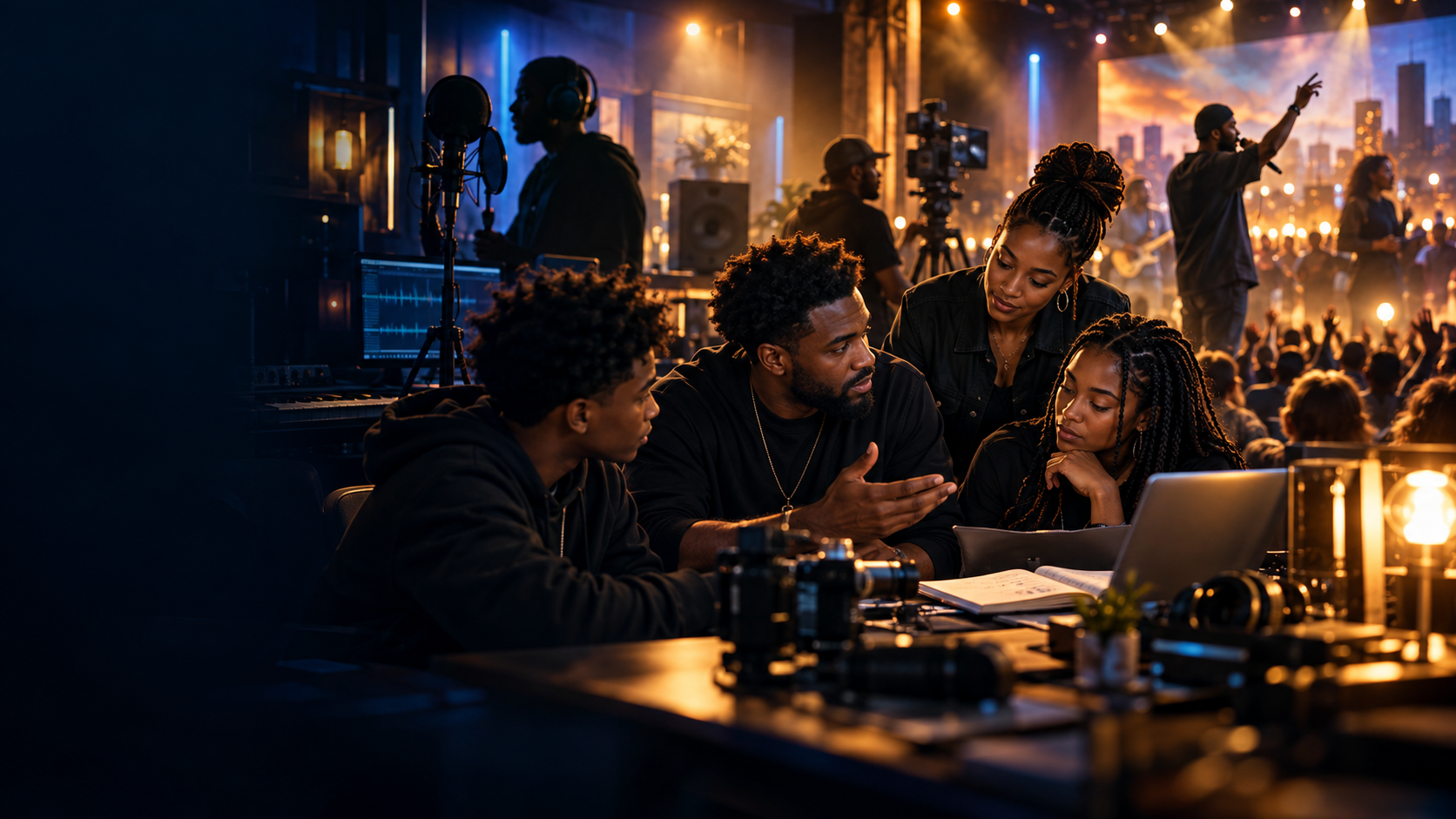 A creative production team mentoring young storytellers in a studio and live-event setting