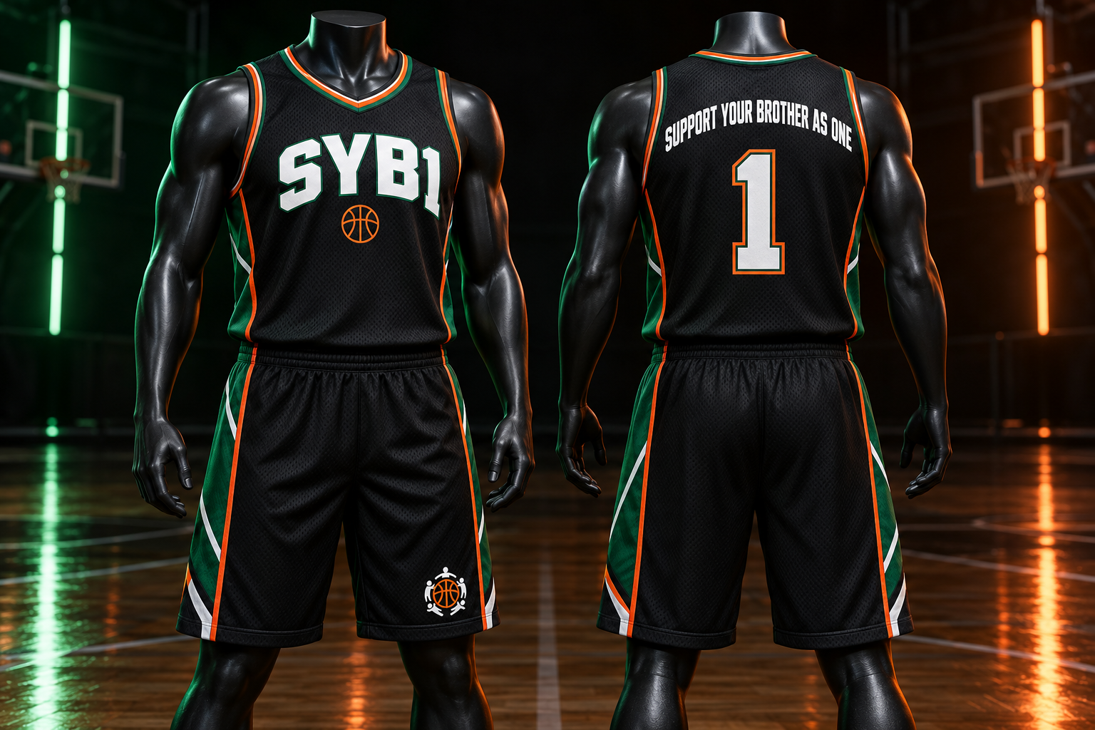 Black, green, orange, and white SYB1 basketball uniforms shown from the front and back